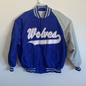 DeLong Men’s Vintage Wolves Blue Gray Bomber Jacket Size L . Made in USA.